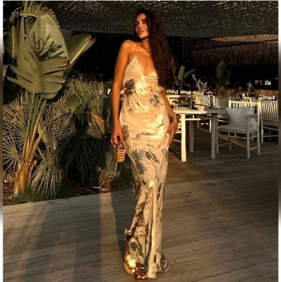 Zara Metallic Foil Slip Dress Maxi Size L - Picture 6 of 16